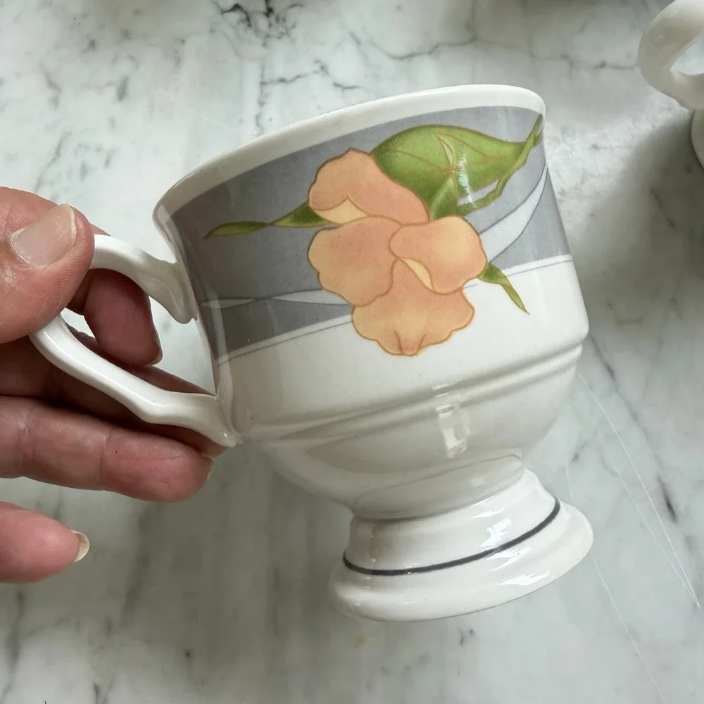 Sangostone Sango Chanson Footed Coffee Cups Tea Cups (6) Gray Green Peach #3669
